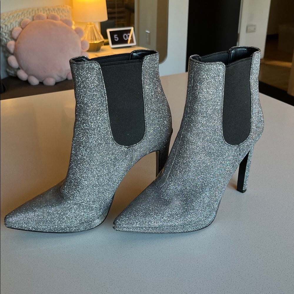 Michael Kors Silver Glitter Pointed Ankle Booties